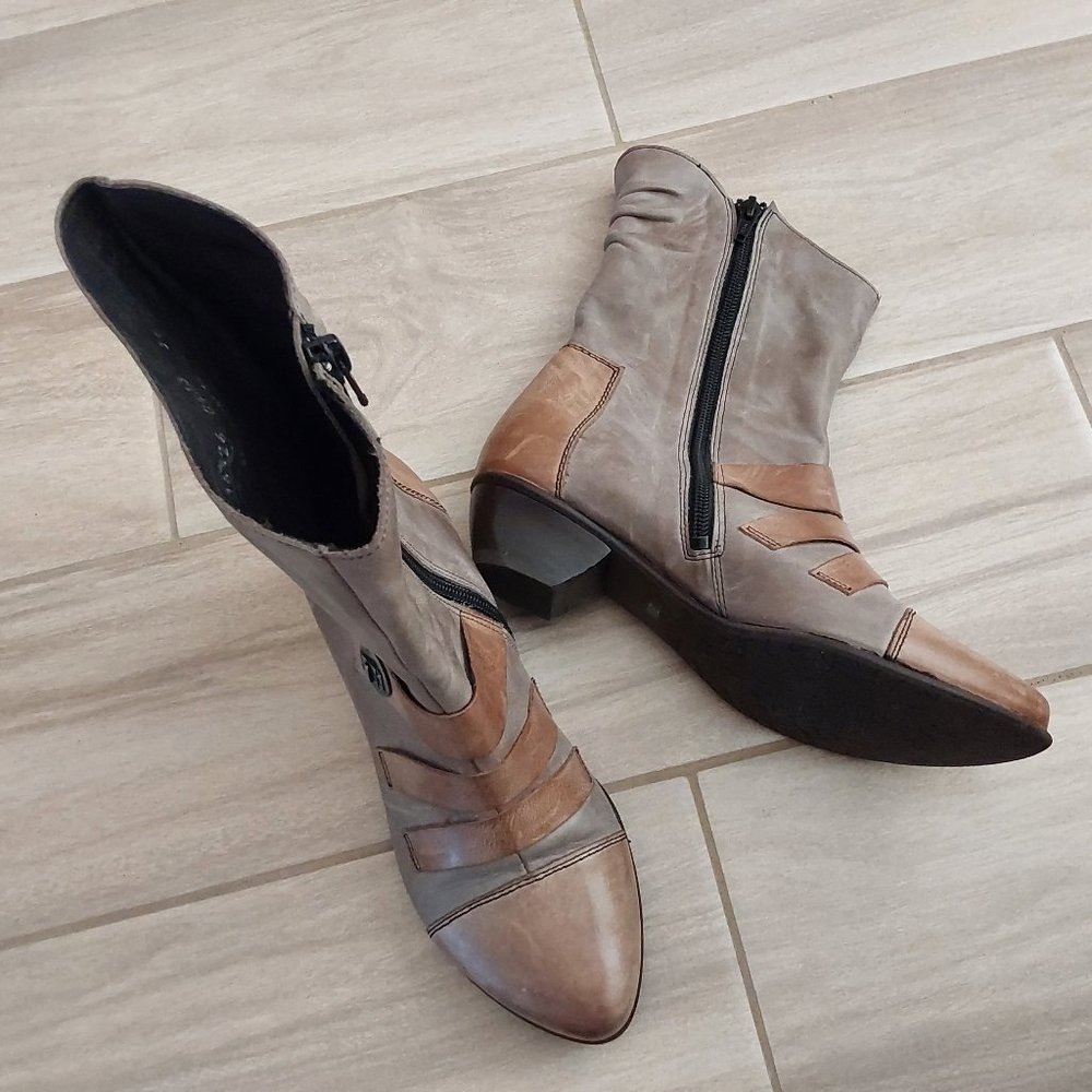 Fidji Taupe/Tan Distressed Leather Low Heel Boot. Size 36